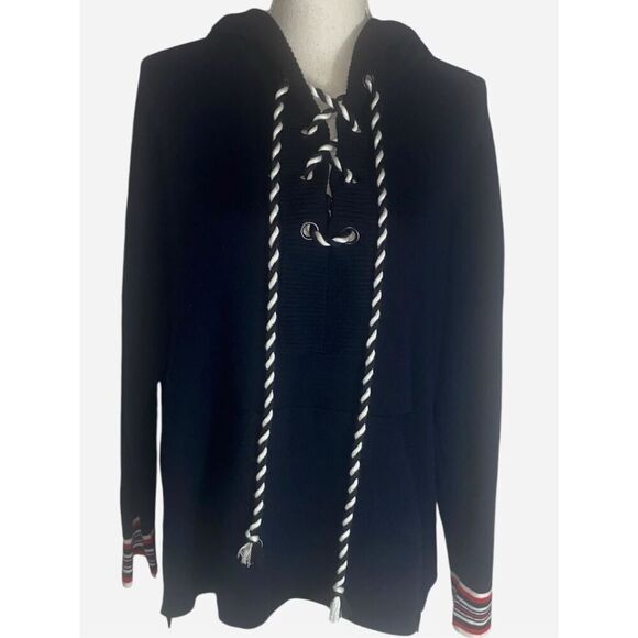 Margaret O'Leary Womens Blue Red Striped Trim Knit Lace-up Hooded Sweater Medium - Picture 1 of 4